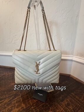 Saint Laurent Cream Chevron Quilted YSL Chain Shoulder Bag